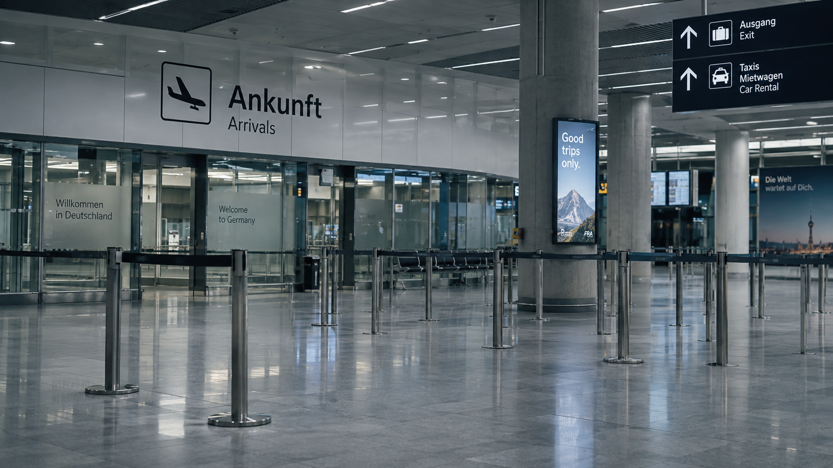 Menschenleere Ankunftshalle eines deutschen Flughafens im kalten Neonlicht, Absperrbänder ohne Warteschlange