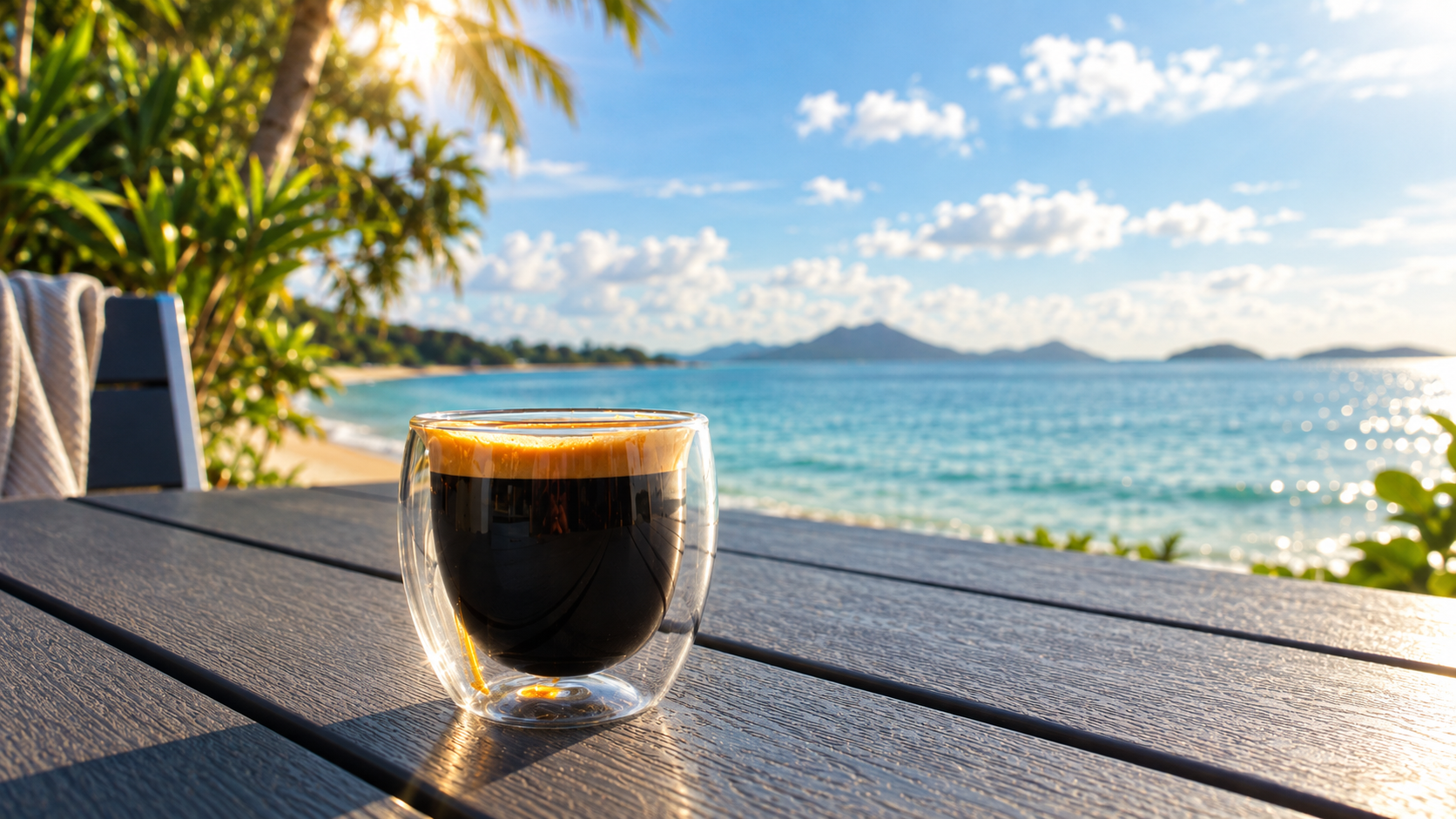 Ein Glas Kaffee auf einem Holztisch am frühen Morgen, dahinter Palmen und das offene Meer