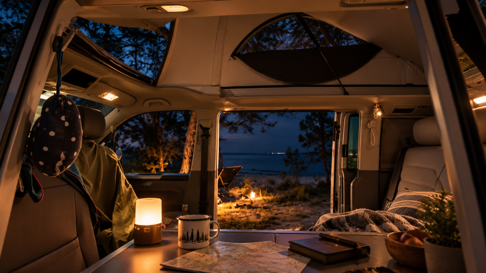 Warm beleuchteter Camper-Innenraum bei Nacht, durch die offene Tür Wasser und Dunkelheit