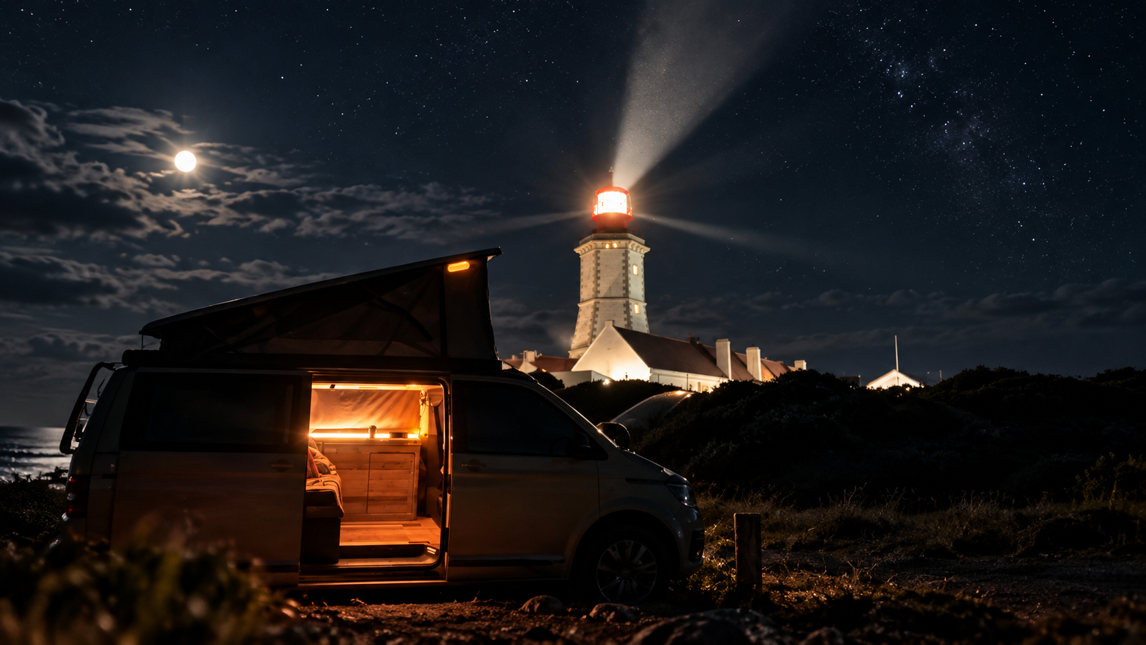 Der Campingbus nachts an einem Leuchtturm unter sternenklarem Himmel, warmes Licht in der offenen Tür