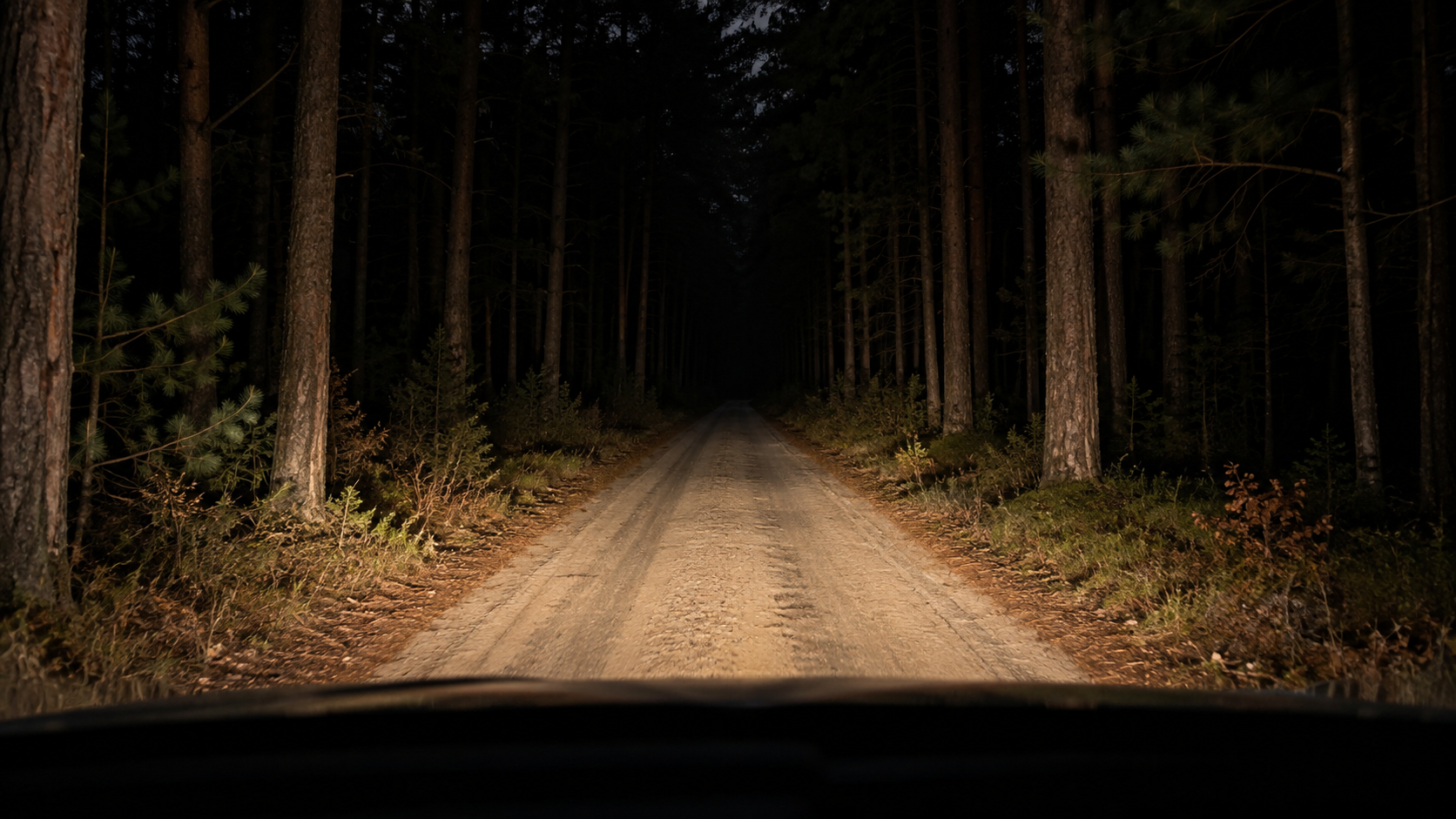 Schnurgerade Waldstraße bei Nacht, nur von Scheinwerfern beleuchtet.