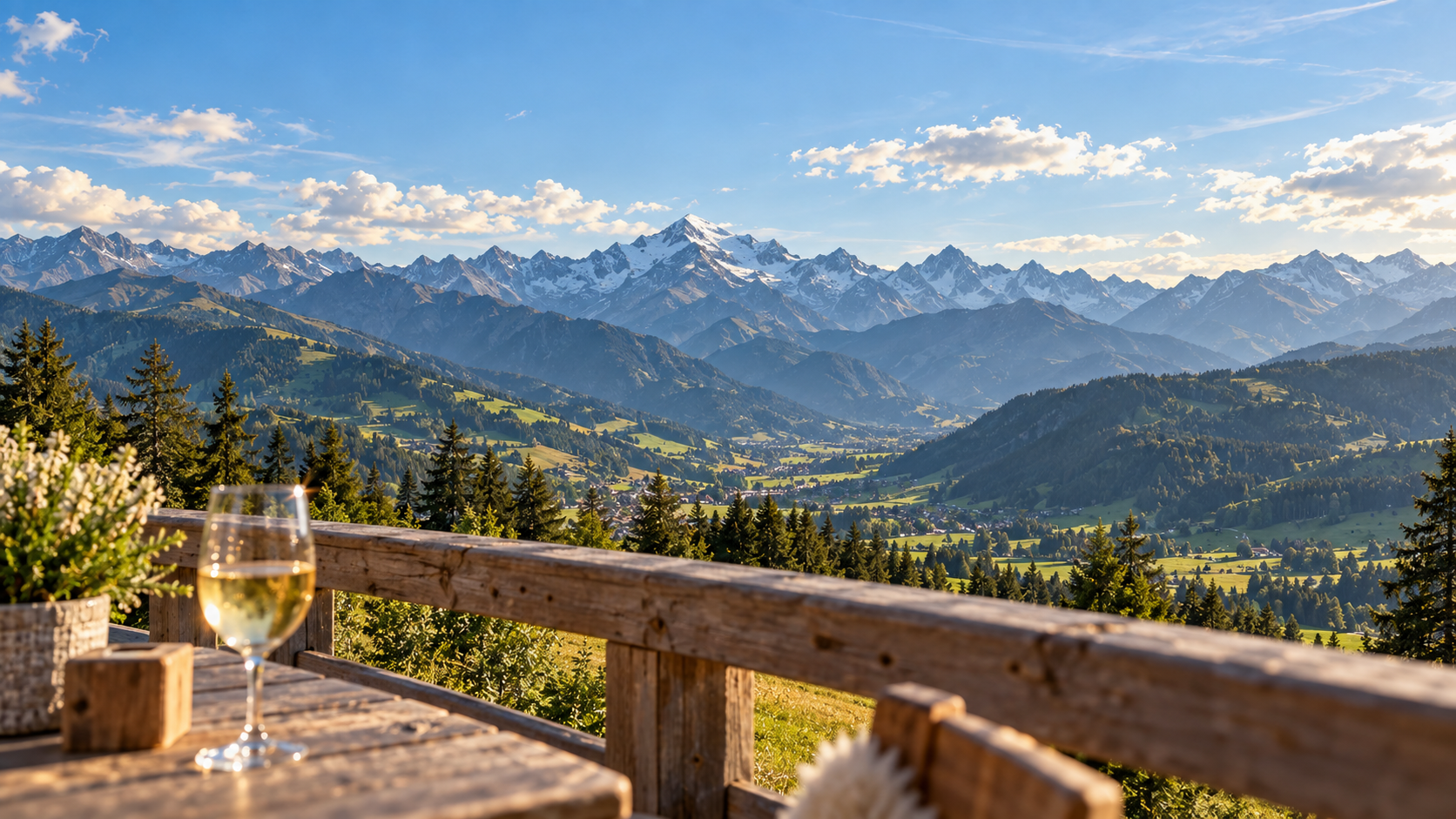 Schneebedeckter Gipfel auf Augenhöhe, im Vordergrund das Geländer einer Almterrasse.