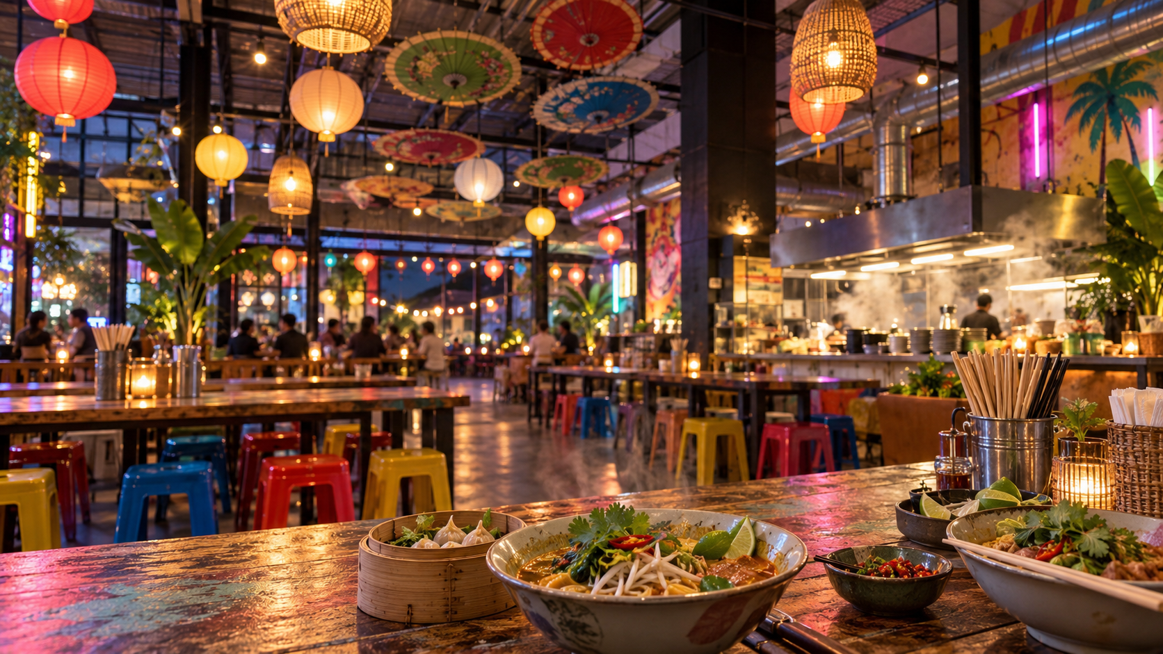 Thailändisches Streetfood-Lokal in einer Industriehalle, Plastikstühle und Lampions.