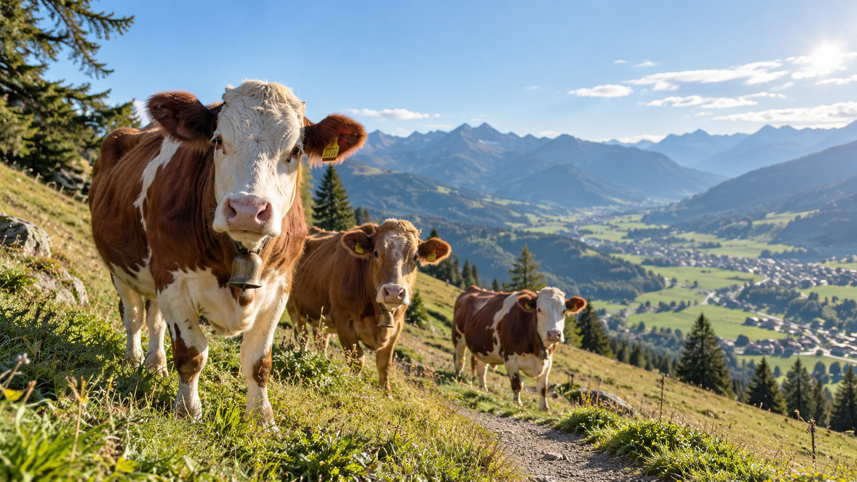 Kühe am Rand eines Wanderwegs auf einer Almwiese, dahinter das Tal von Kitzbühel.