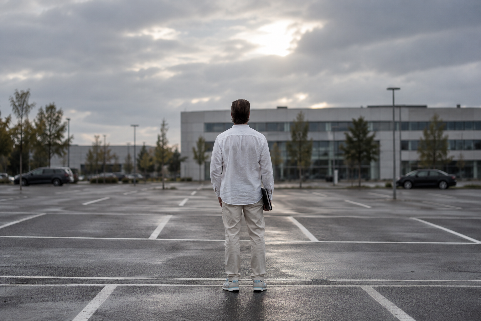 Ein Mann im weißen Hemd steht von hinten gesehen allein auf einem leeren Parkplatz vor einem Bürogebäude, eine Mappe in der Hand.
