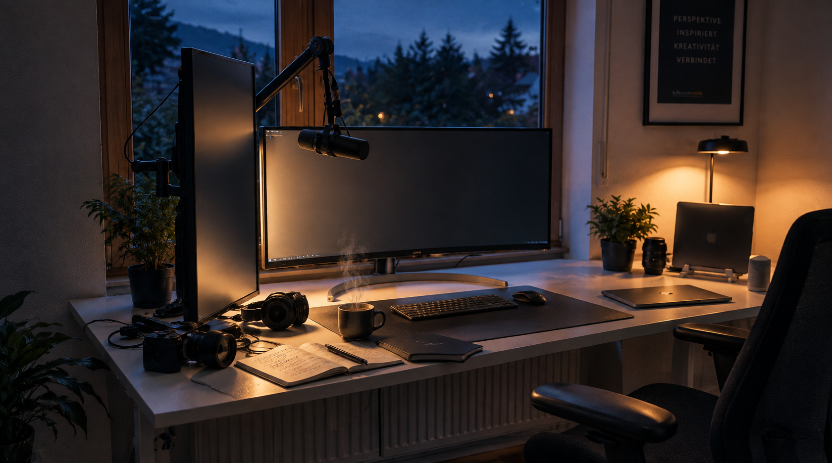 Ein Schreibtisch im Morgengrauen, der Bildschirm leuchtet, daneben eine Tasse Kaffee, der Stuhl steht leer und herausgezogen.