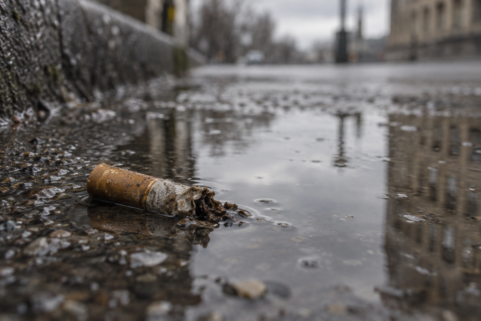 Eine ausgedrückte Zigarette liegt durchnässt in einer Pfütze auf nassem Asphalt, darin spiegelt sich grauer Himmel.
