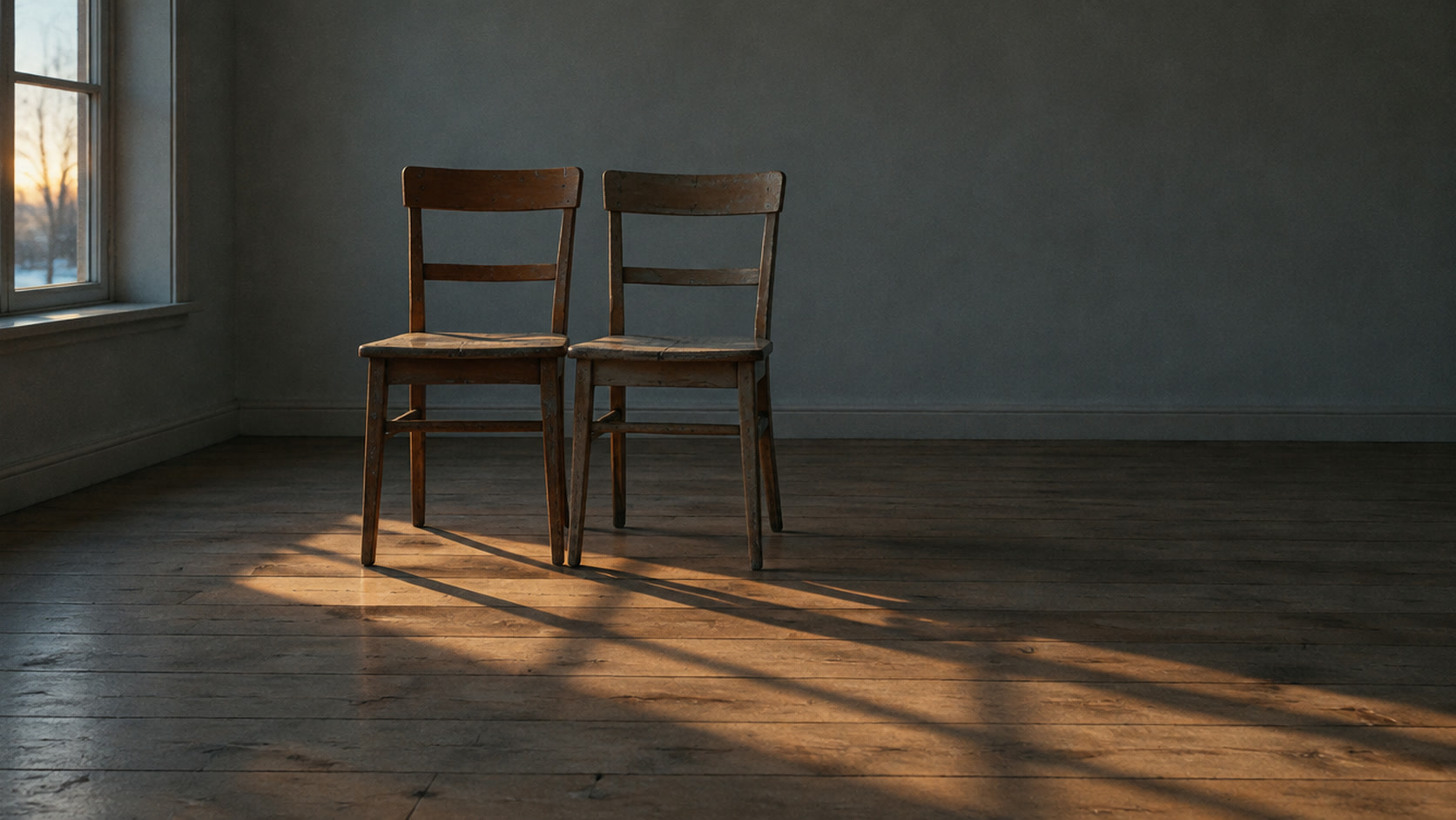 Zwei abgenutzte Holzstühle dicht nebeneinander in einem leeren Raum, ihre Schatten berühren sich auf dem Dielenboden.