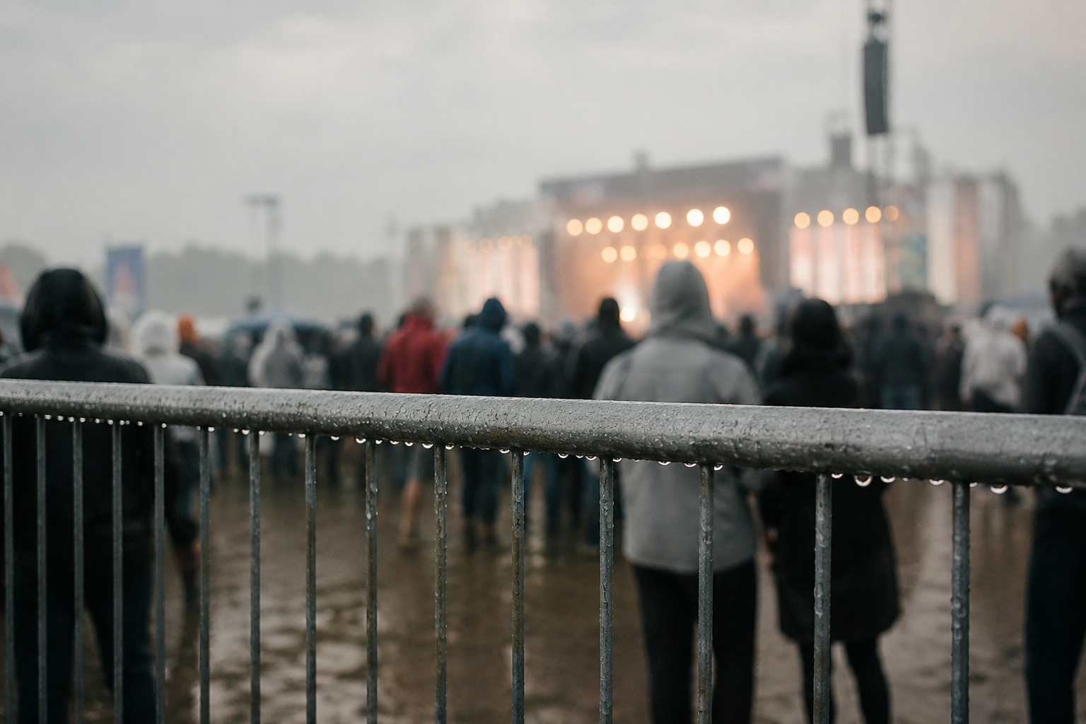 Festivalgelände im Regen von außen, Zaun im Vordergrund, Menschen unscharf dahinter