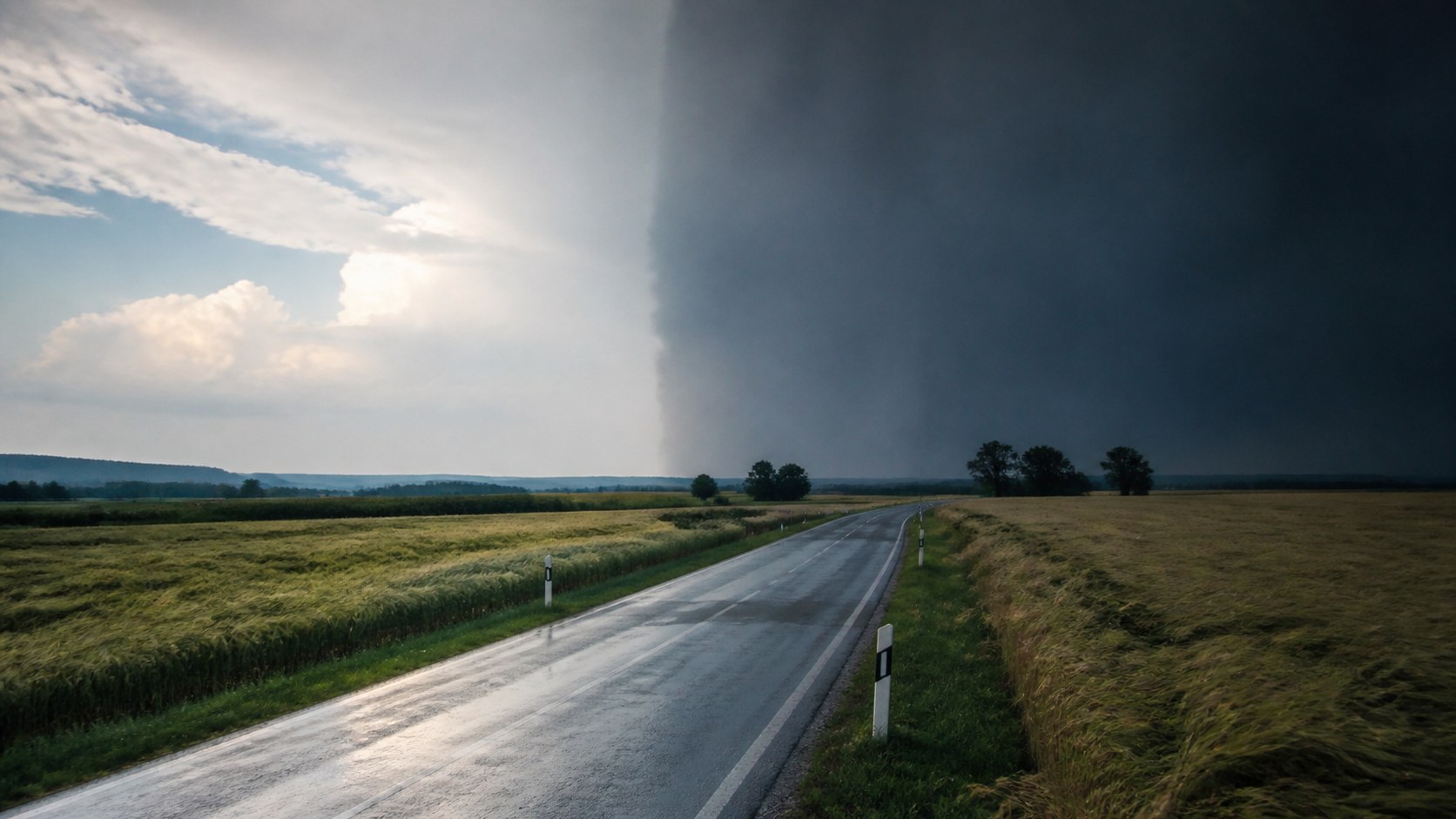 Landstraße, über der sich eine dunkle Regenfront vor den Sommerhimmel schiebt