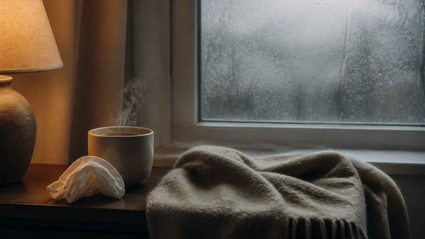 Dampfende Teetasse auf der Fensterbank vor grauem Regenfenster