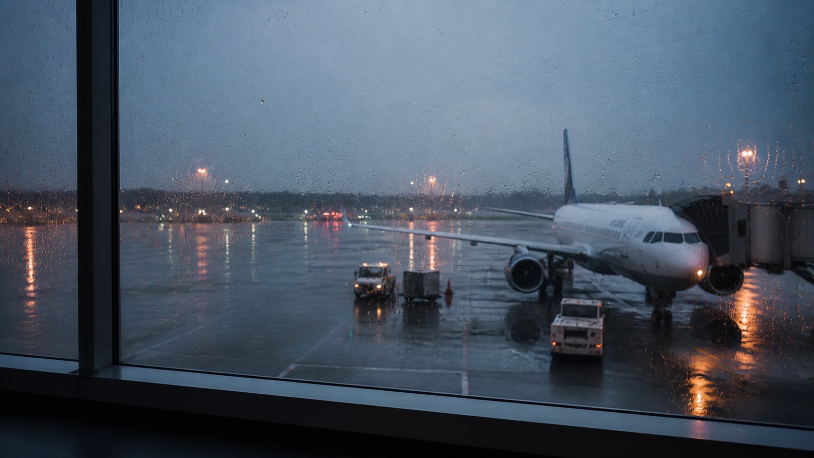 Flughafen-Vorfeld im Regen, gesehen durch ein Terminalfenster in der Dämmerung