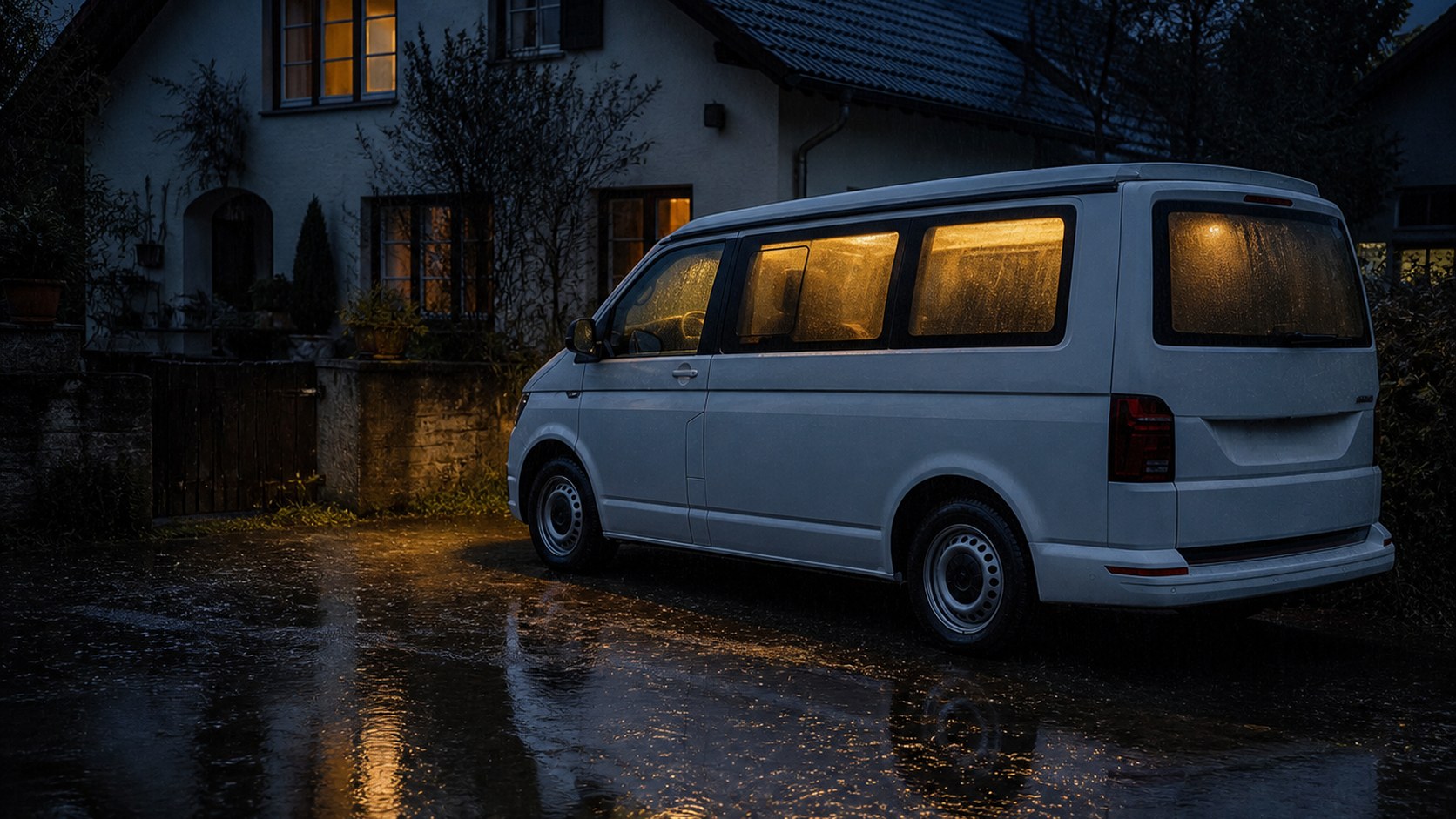 Weißer Campingbus im nächtlichen Regen, warmes Licht hinter beschlagenen Scheiben