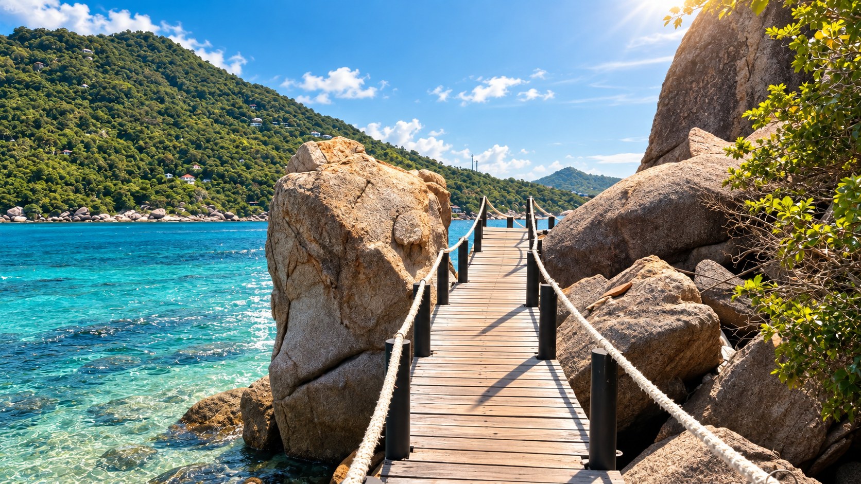 Holzsteg mit Blick über klares türkisfarbenes Wasser zwischen Felsen