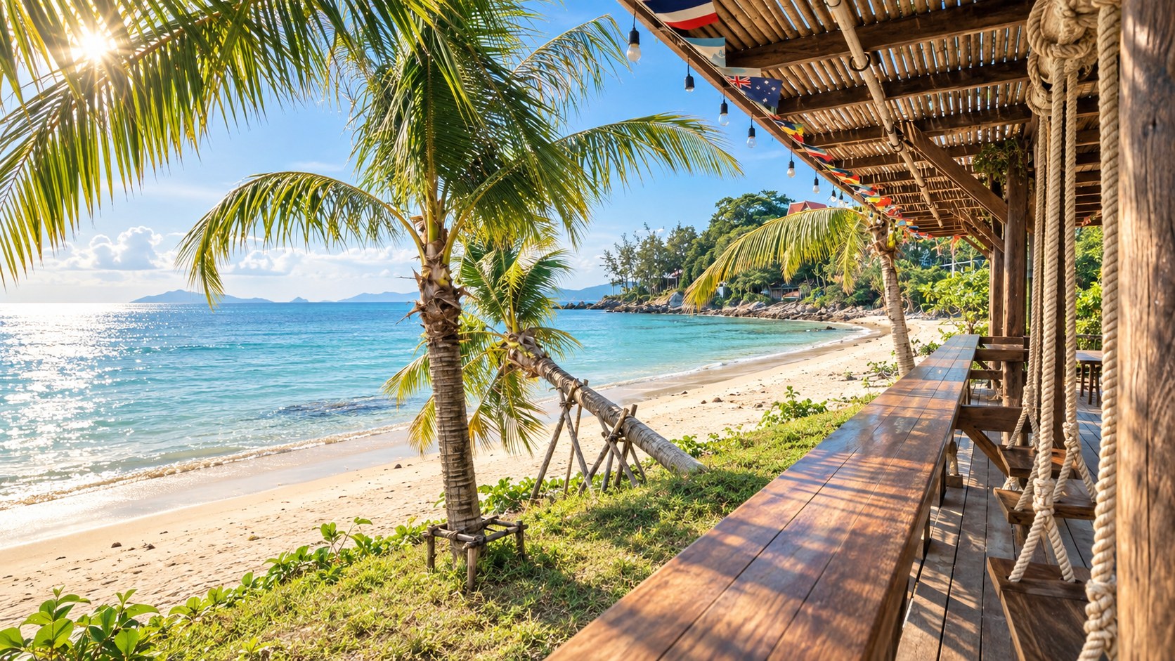Strandbar aus Teakholz mit hängenden Schaukeln unter Palmen am smaragdgrünen Meer