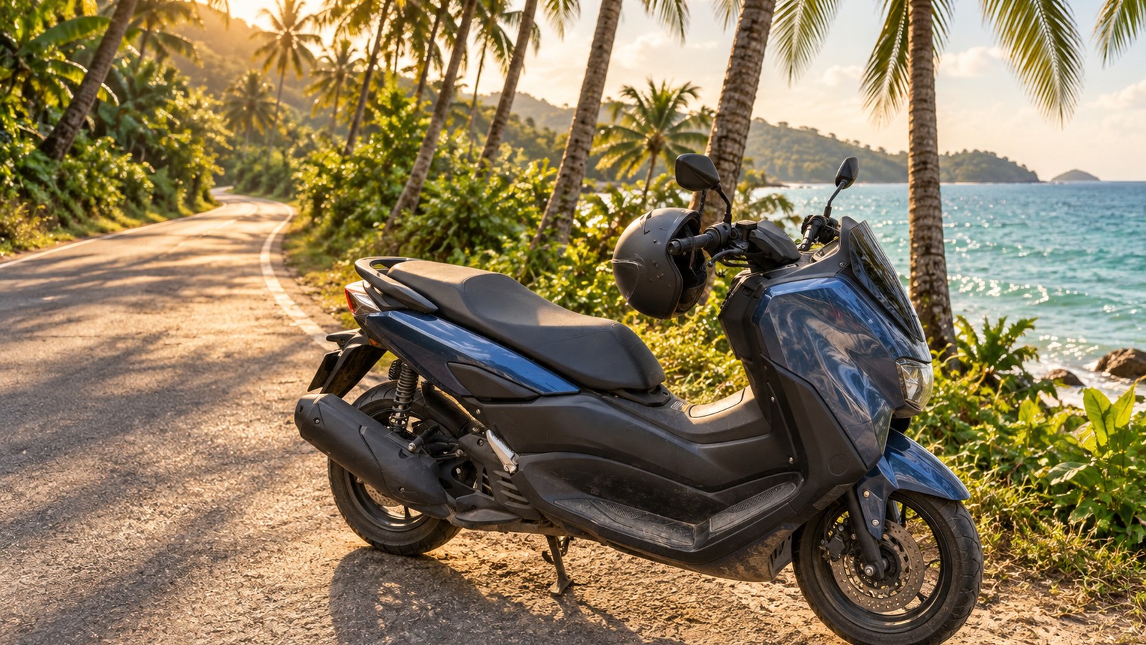 Geparkter Motorroller am Rand einer Küstenstraße auf Koh Samui zwischen Palmen