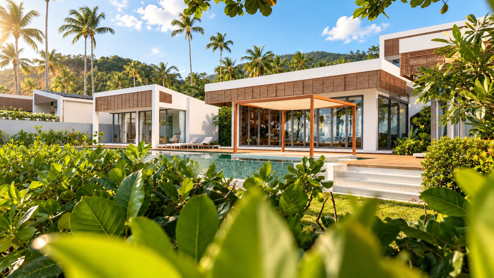 Moderne tropische Villa mit Pool zwischen Palmen im Abendlicht