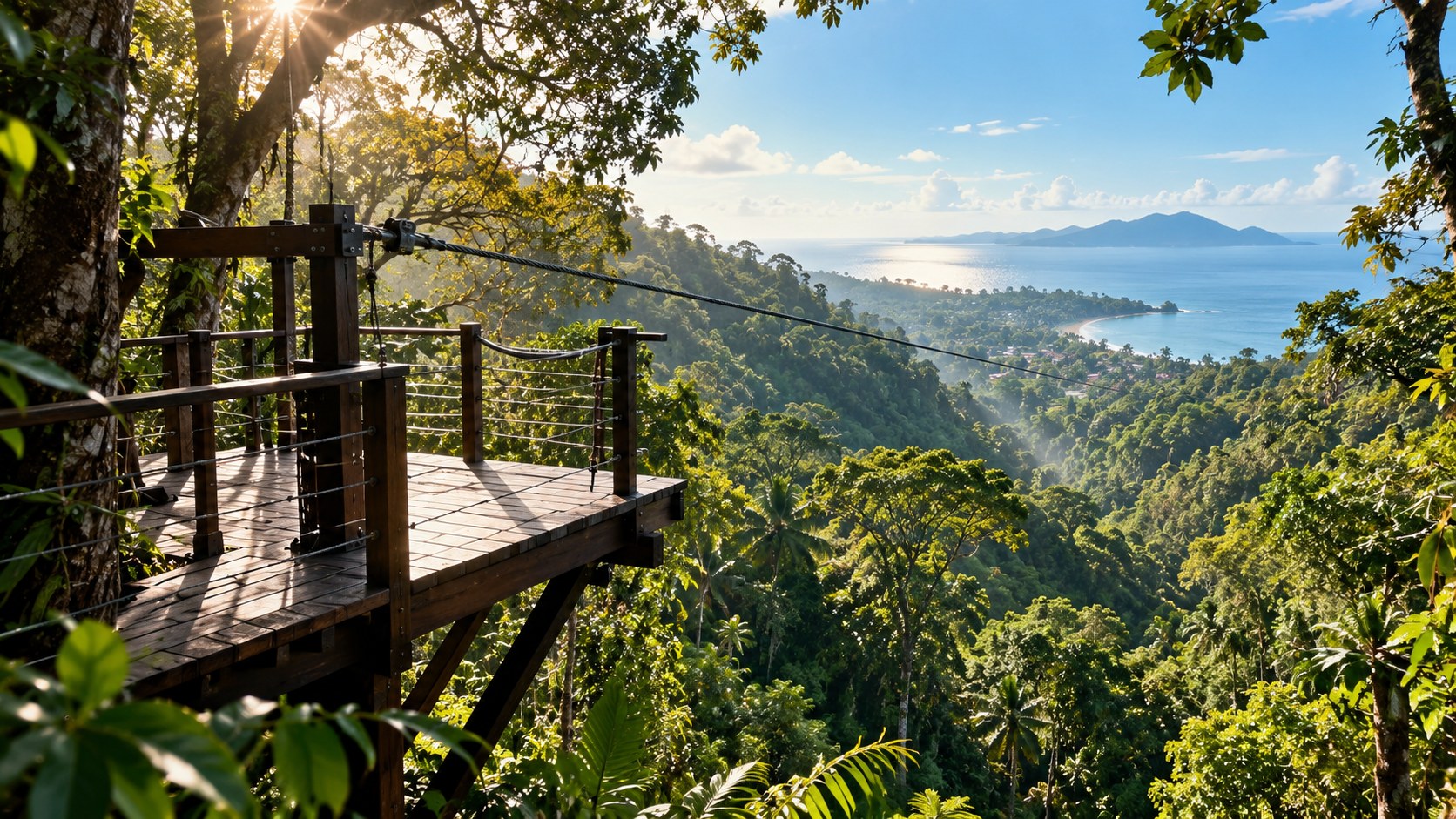 Hölzerne Aussichtsplattform im Dschungel mit Zipline-Seil und Blick über die Bucht