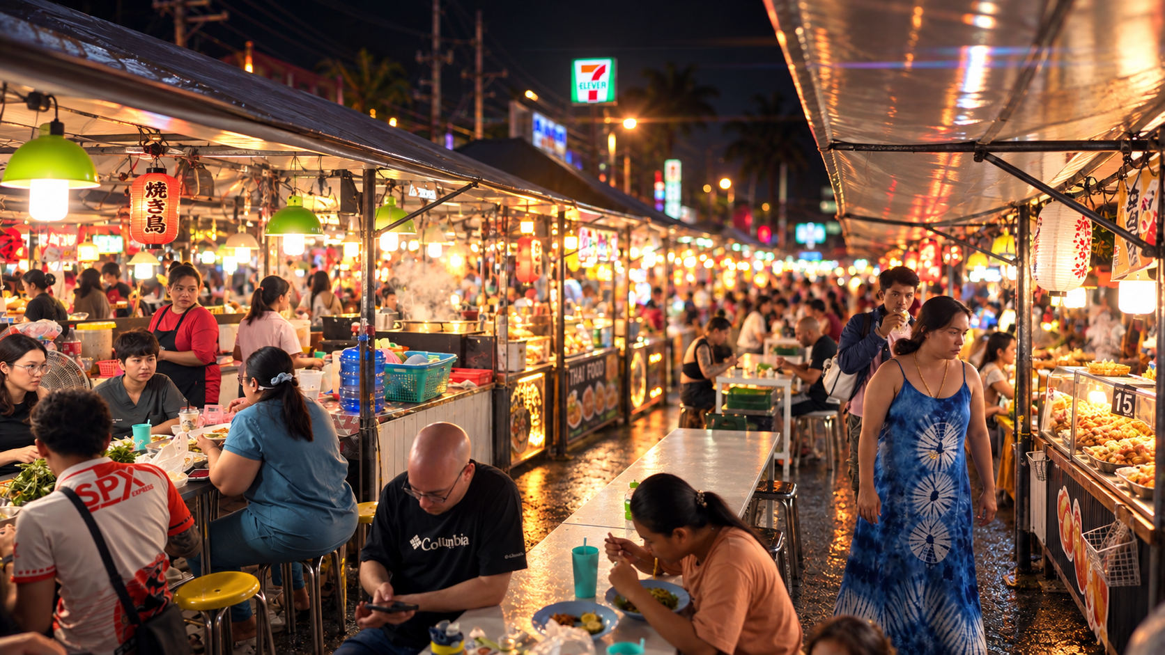 Belebter Nachtmarkt in Chaweng bei Dunkelheit mit Garküchen, Leuchtreklame und dicht besetzten Tischen