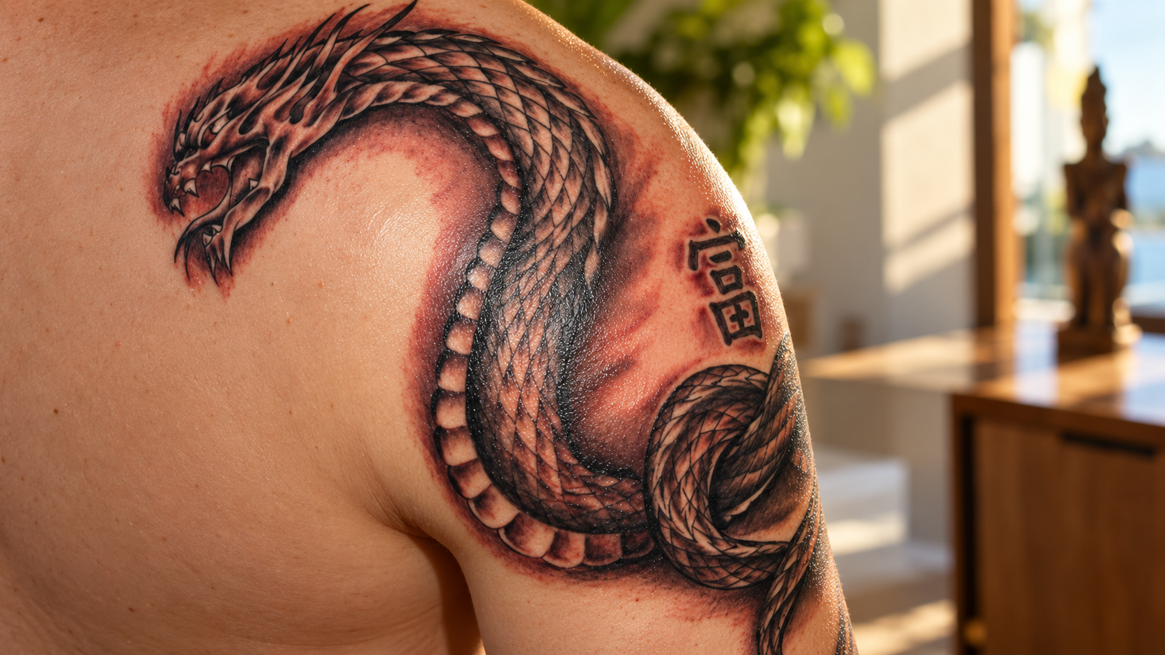 Großes Drachen-Tattoo auf einer Schulter, daneben das chinesische Schriftzeichen für Wohlstand