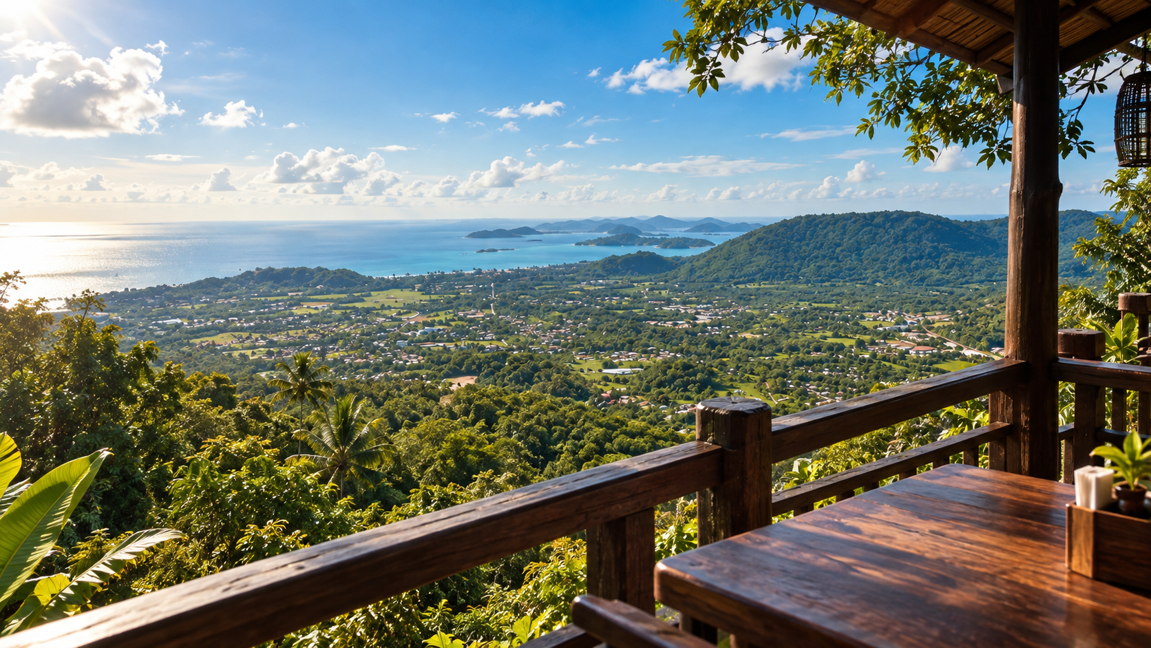Blick von einer Holzterrasse über den Dschungel auf die Küste und die vorgelagerten Inseln von Koh Samui