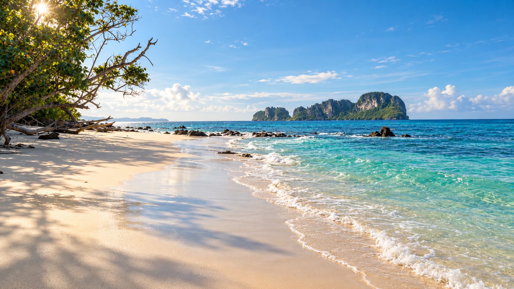 Tropischer Sandstrand auf Koh Samui mit klarem türkisfarbenem Wasser und einer bewaldeten Felseninsel am Horizont