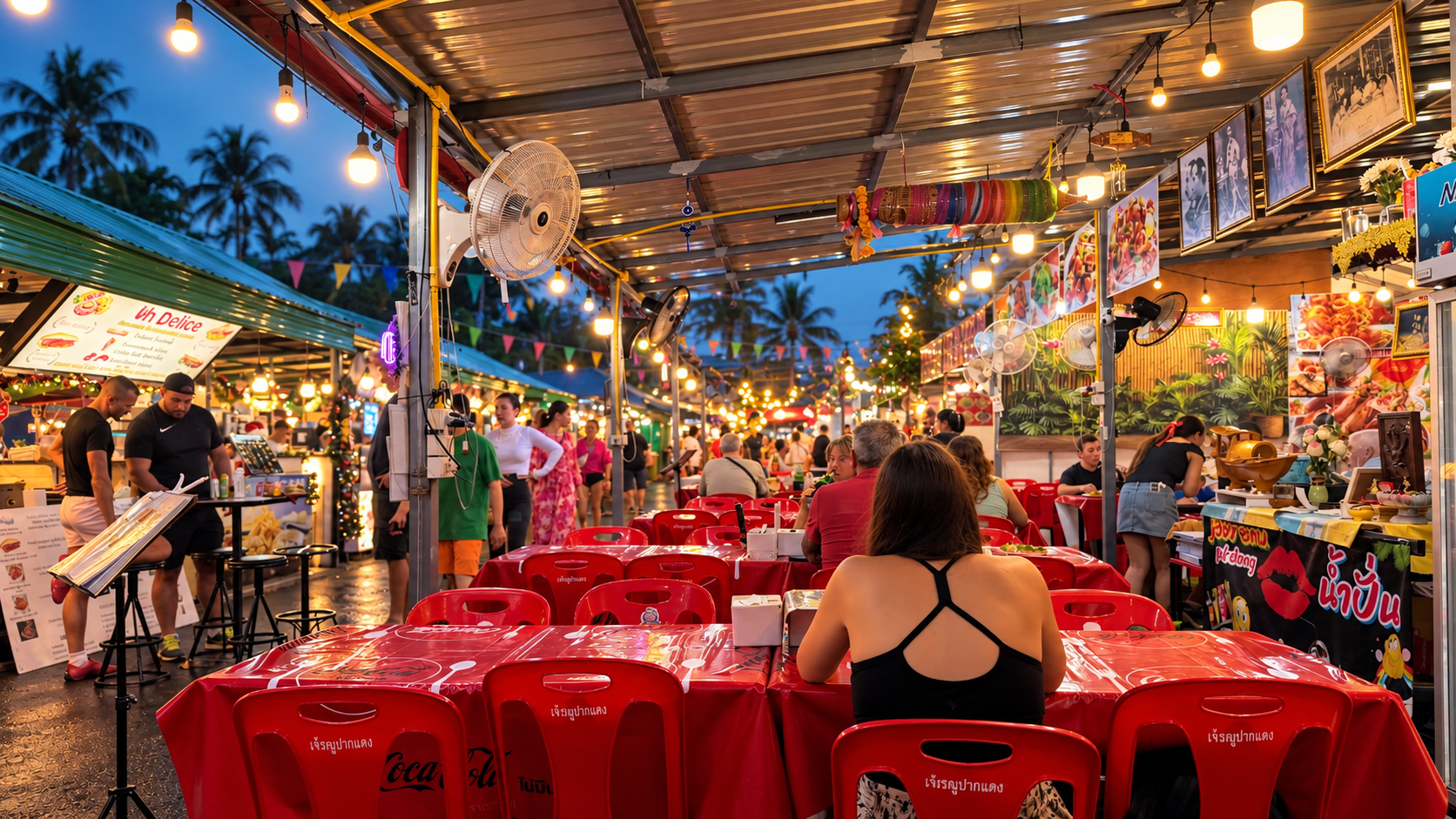 Überdachter Nachtmarkt auf Koh Samui mit roten Plastikstühlen, roten Tischen und Garküchen unter Lichterketten