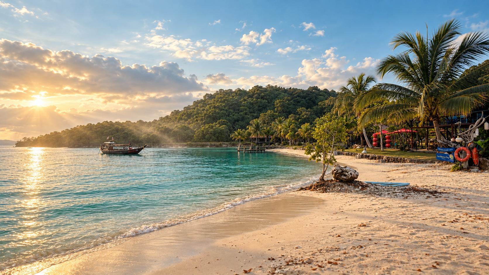 Geschwungene Bucht auf Koh Tan mit hellem Sand, Palmen und einem Longtailboot im Abendlicht