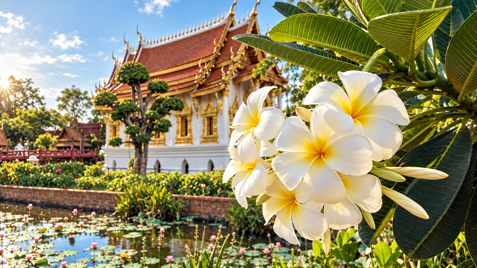 Thailändischer Tempel mit rotem Ziegeldach und goldenen Verzierungen hinter einem Teich, im Vordergrund Frangipani-Blüten