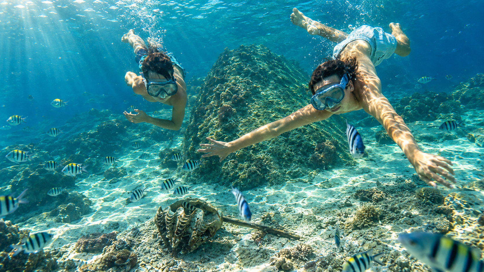 Blick unter Wasser auf einen Schwarm gestreifter Riffbarsche, Korallen und eine große Muschel im flachen klaren Meer
