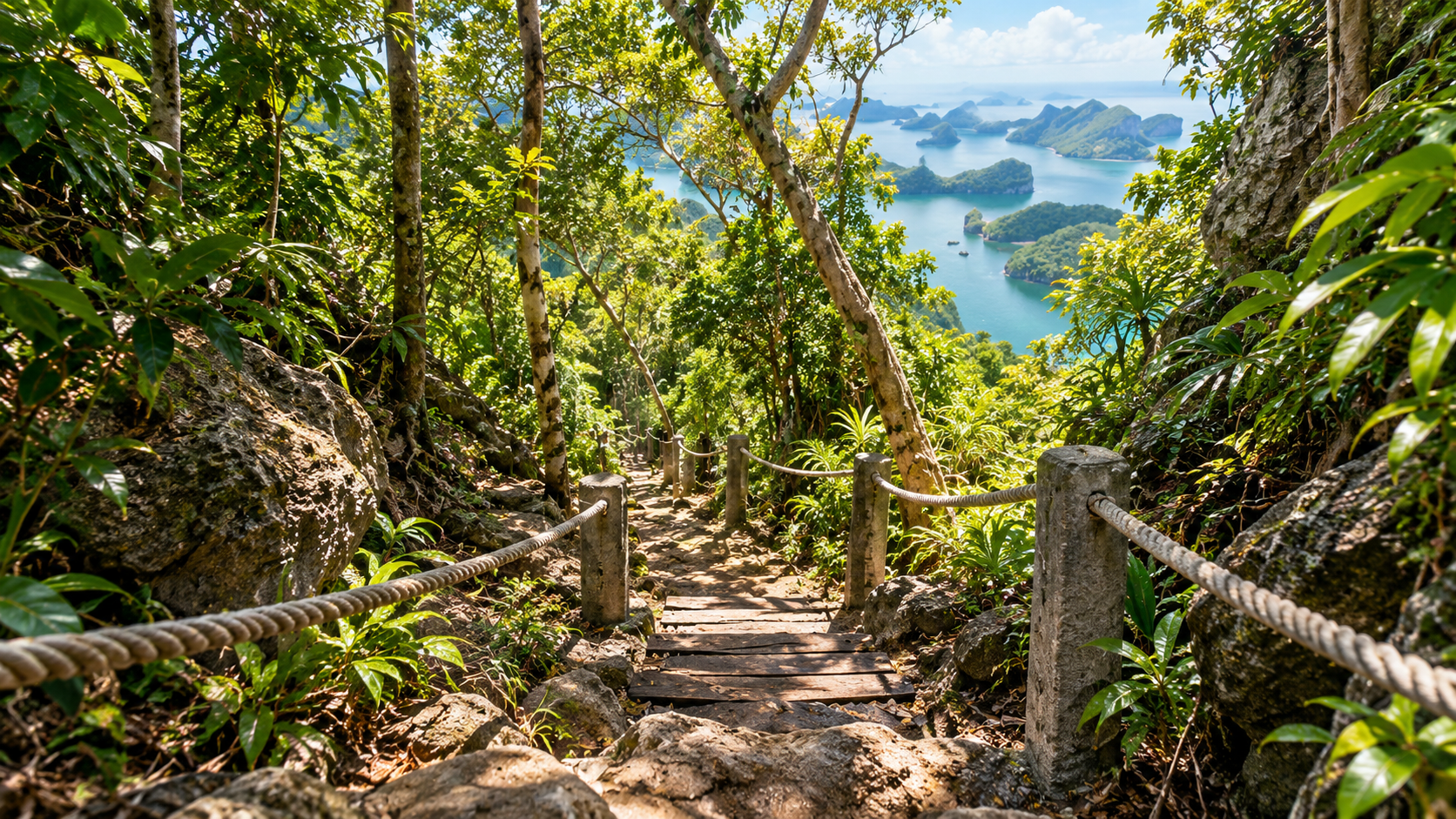 Steiler Pfad mit Wurzeln, Fels und Seilgeländer im Dschungel des Ang-Thong-Nationalparks