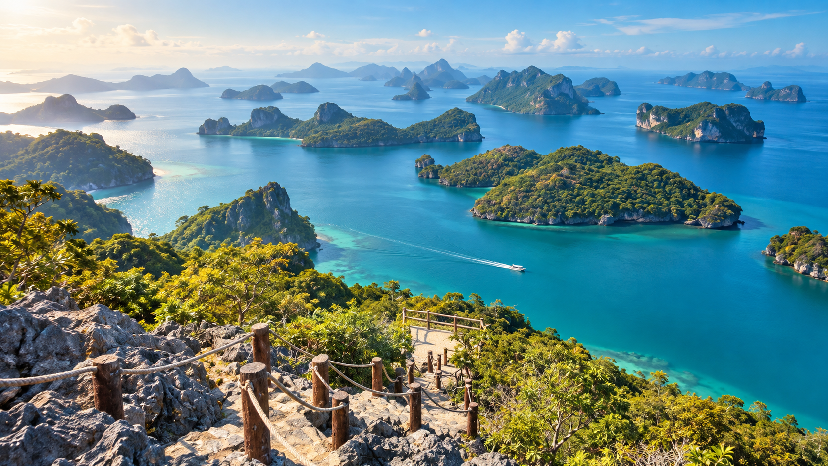 Blick vom Aussichtspunkt über die gestaffelten Kalksteininseln des Ang-Thong-Nationalparks, dazwischen ein Boot