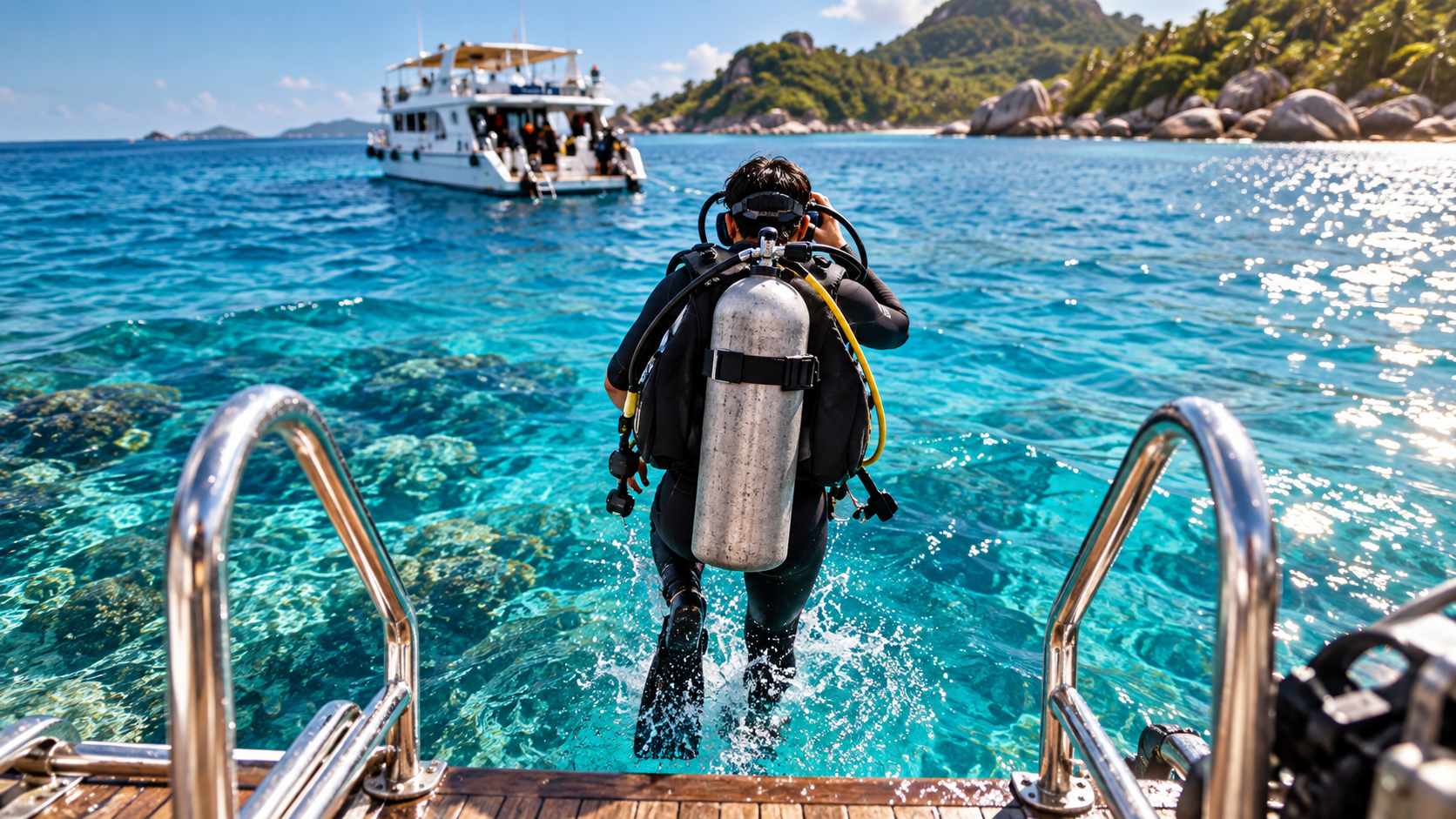Taucher steigt von der Leiter eines Bootes vor Koh Tao ins klare türkisfarbene Wasser