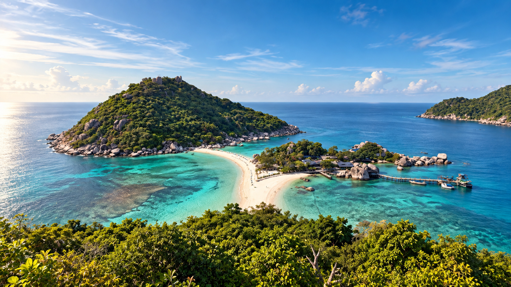 Die geschwungene Sandbank zwischen den drei Inseln von Koh Nang Yuan im Morgenlicht