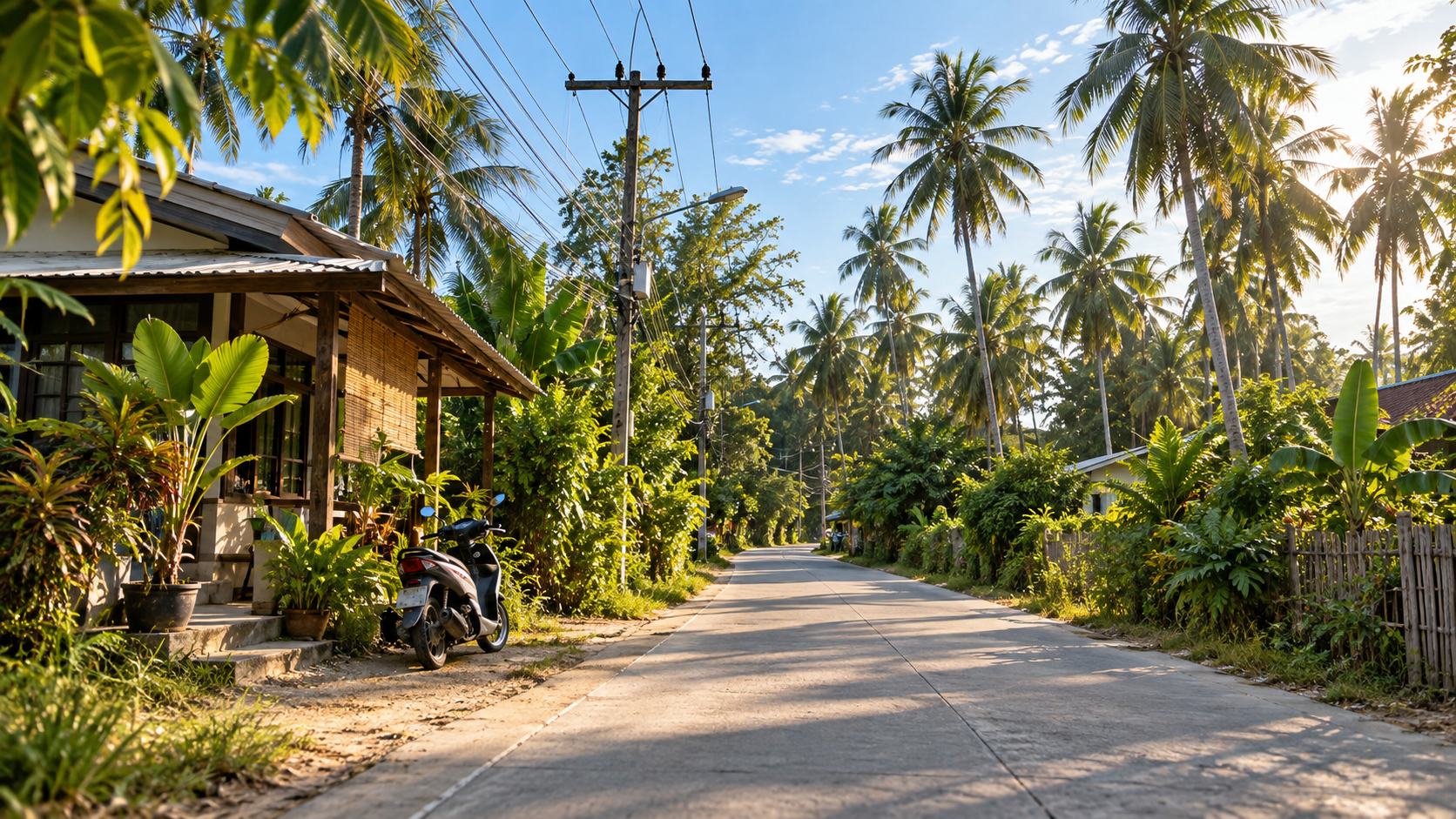 Schmale ruhige Straße auf Koh Phangan mit einfachem Holzhaus, geparktem Roller und Palmen