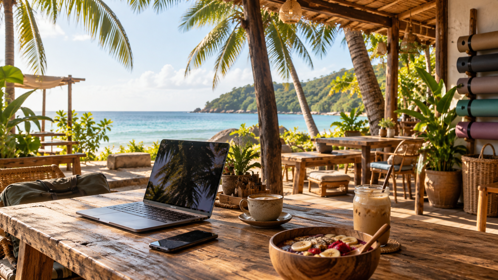 Offenes Café am Strand von Sri Thanu auf Koh Phangan mit Laptop, Kaffee und Yogamatten an der Wand