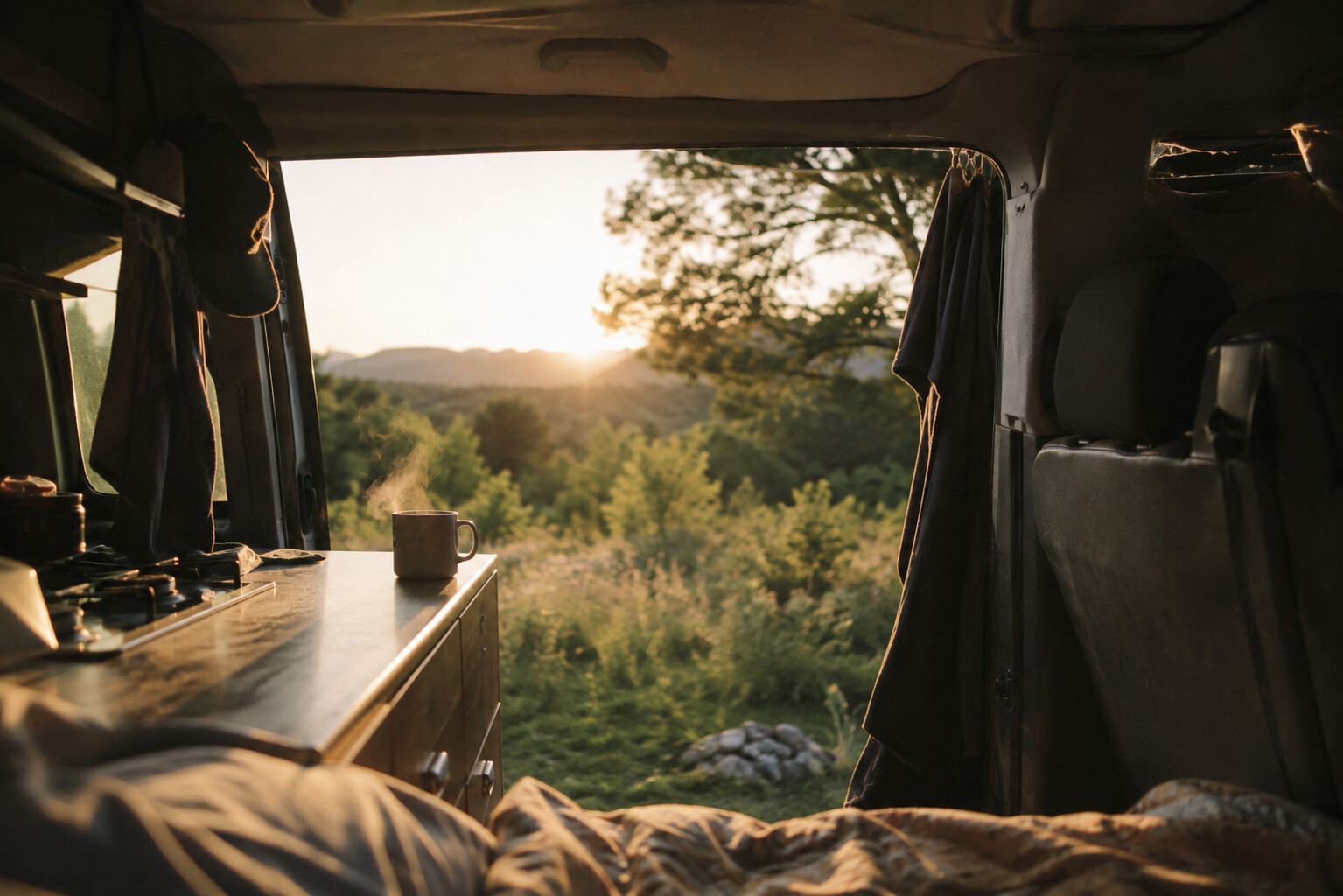 Offene Schiebetür eines Campingbusses am Morgen, Kaffeetasse im Sonnenlicht