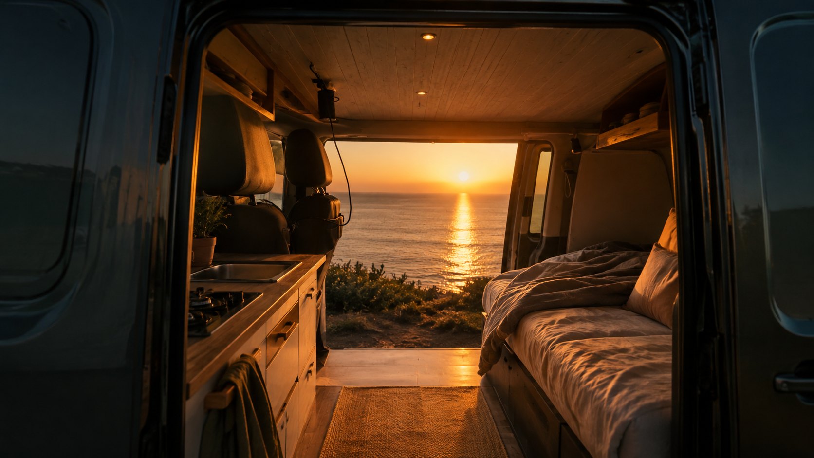 Blick durch die offene Schiebetür des Campers auf das Meer
