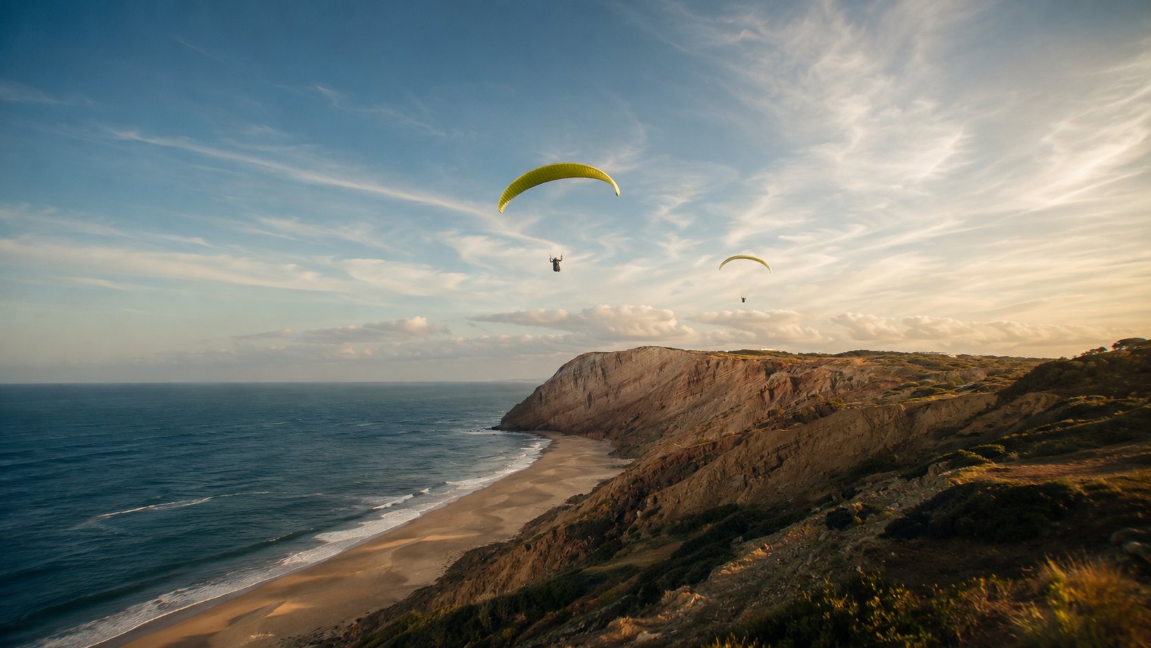 Gleitschirmflieger in der Thermik über den Dünen der portugiesischen Küste
