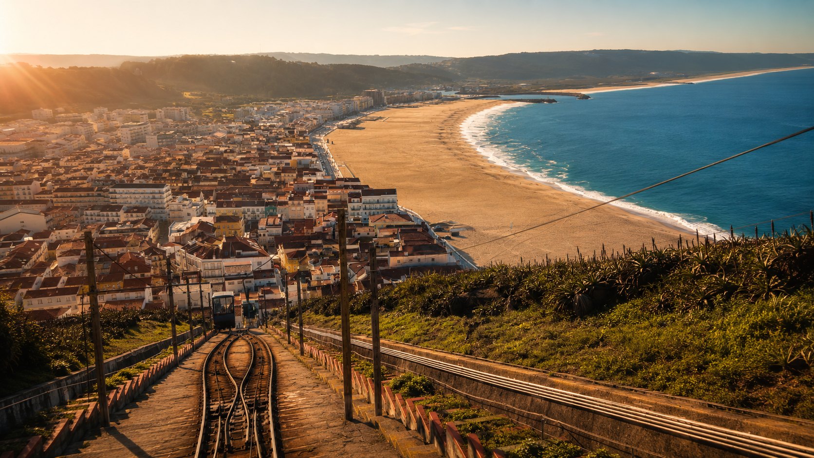 Der Stadtstrand von Nazaré von oben mit Blick über die Bucht