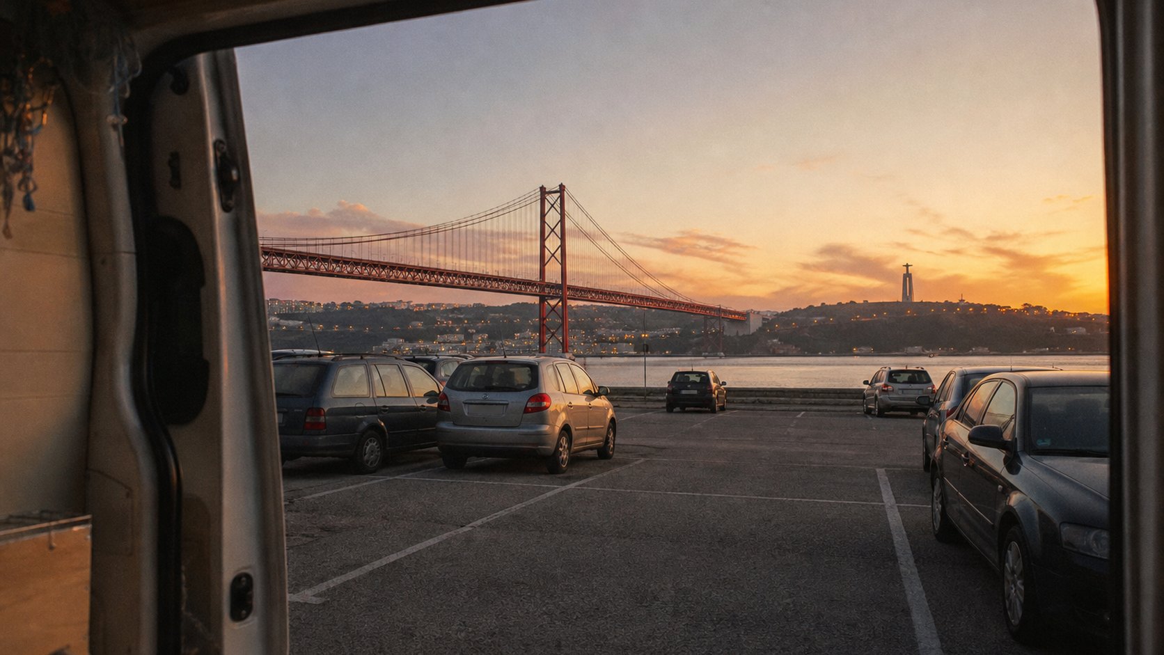 Blick aus dem Van auf die Ponte 25 de Abril im Sonnenuntergang